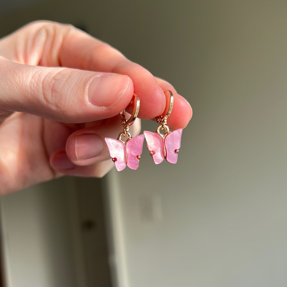 Purple butterfly charm huggie hoop earrings